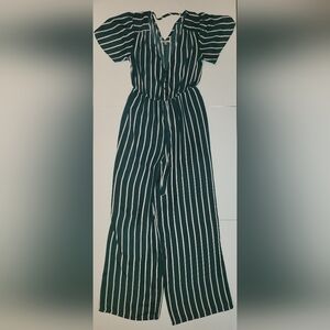 Charlotte Russe Green Pink Striped Short Sleeve Button Front V Neck Jumpsuit